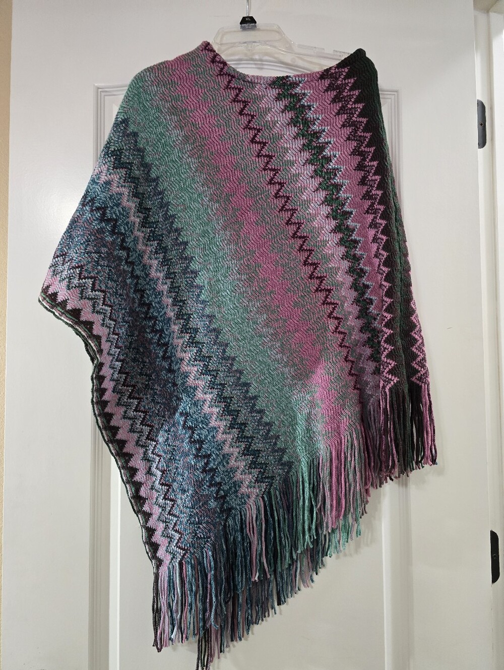 Handwoven Pink & Teal Zigzag Fringe Poncho - Unbranded